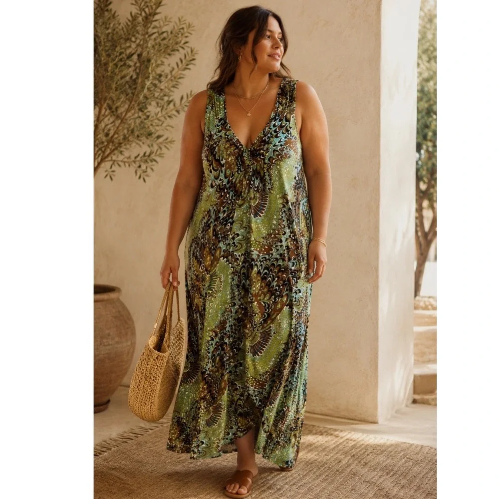 The‎ Pyramid Collection Maxi Dress Women 2X PEACOCK Sleeveless RESORT VACATION